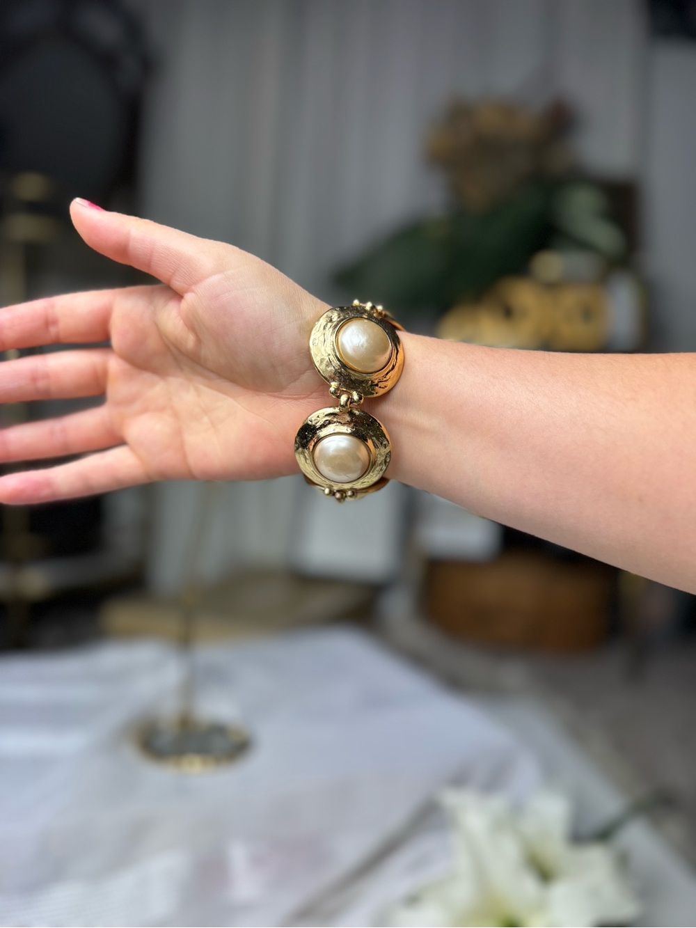 Yves Saint Laurent Gold-Tone Bracelet with Cream Pearl Cabochons - Picture 6 of 16